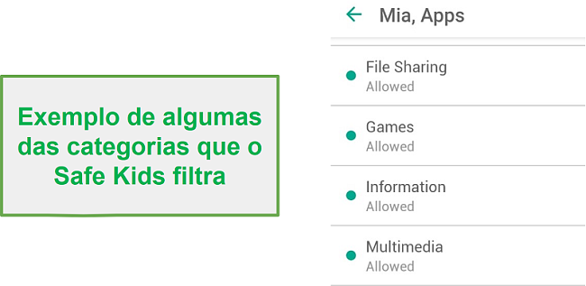 Categorias de filtro Safe Kids