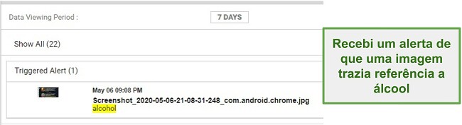 Captura de tela de alertas do WebWatcher a partir de imagens