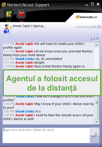 Conexiune la distanță pentru asistența pentru clienții Norton Family
