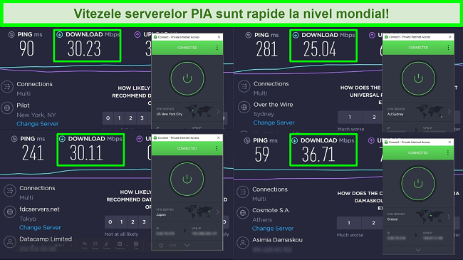 Capturi de ecran ale testelor de viteză Ookla cu PIA conectate la diferite servere globale.