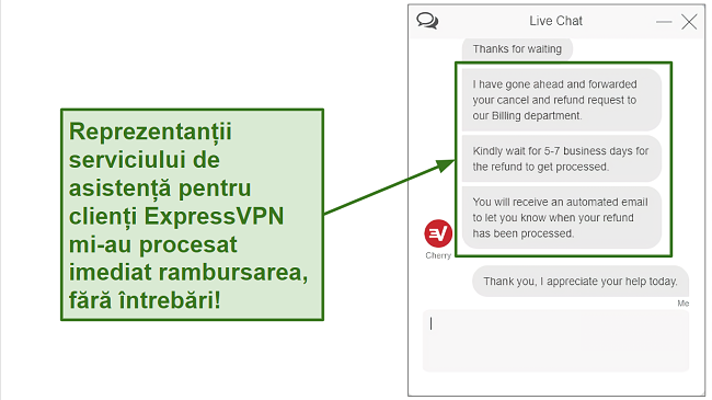 Screenshot of ExpressVPN refund request over live chat.