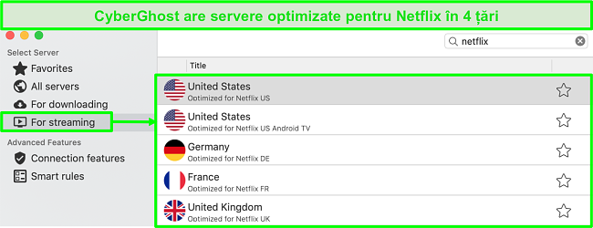 Captura de ecran a interfeței aplicației CyberGhost care arată servere optimizate pentru streaming Netflix