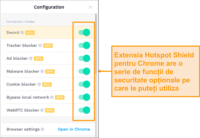 Captură de ecran a caracteristicilor de securitate ale extensiei Chrome a HotSpot Shield.
