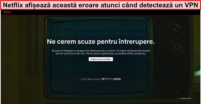 Screenshot al mesajului de eroare Netflix când utilizați un VPN, proxy sau unblocker - Cod de eroare: M7111-5059