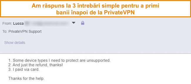 Captură de ecran a răspunsurilor pentru a solicita o rambursare PrivateVPN prin e-mail
