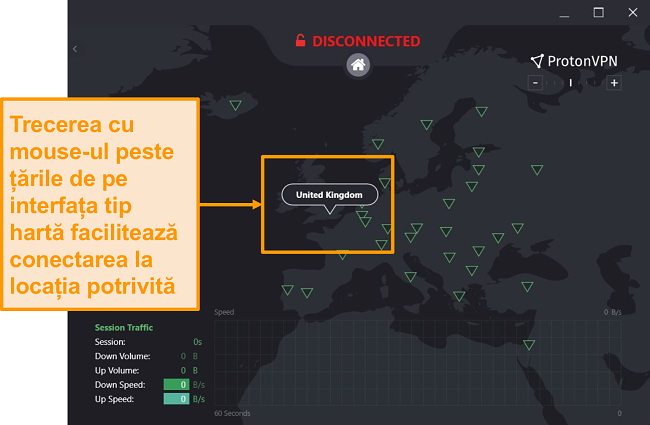 Captură de ecran a hărții interactive a serverului Proton VPN.