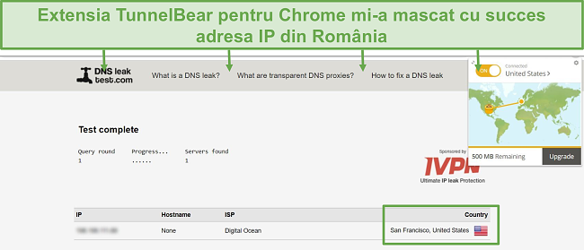 Screenshot of DNS leak test results when connected to TunnelBear.