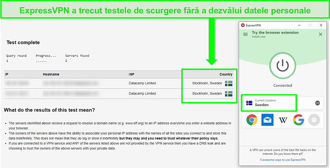 Captură de ecran a ExpressVPN care trece un test de scurgere DNS în timp ce sunteți conectat la servere suedeze