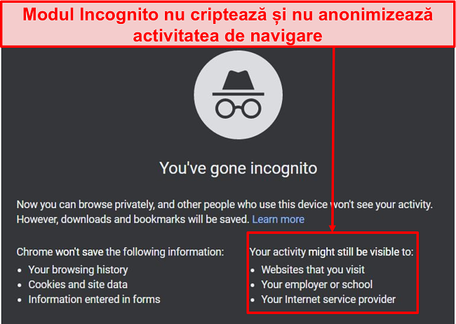 Captură de ecran a notificărilor în modul incognito.