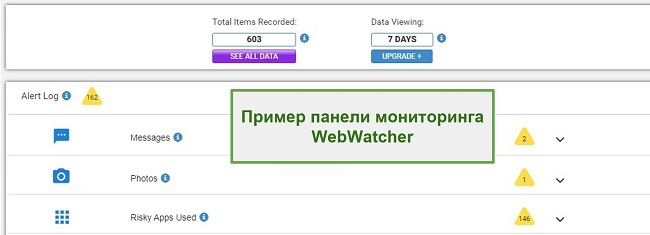 Скриншот панели управления Webwatcher