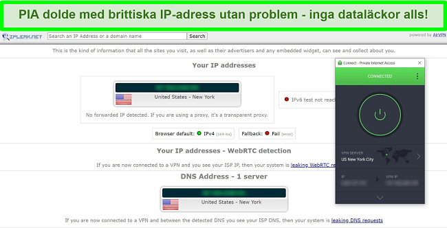 Skärmdump av IP-läckagetestresultat med PIA ansluten till en amerikansk server.