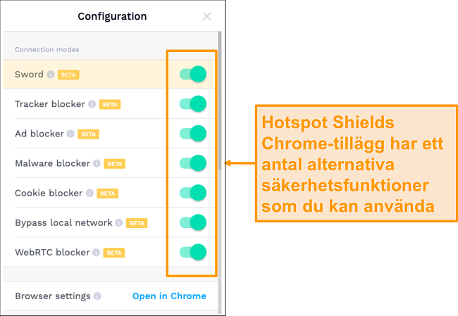 Skärmdump av HotSpot Shields säkerhetsfunktioner för Chrome-tillägg.