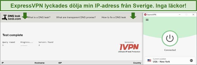 Screenshot of successful DNS leak test while connected to ExpressVPN.