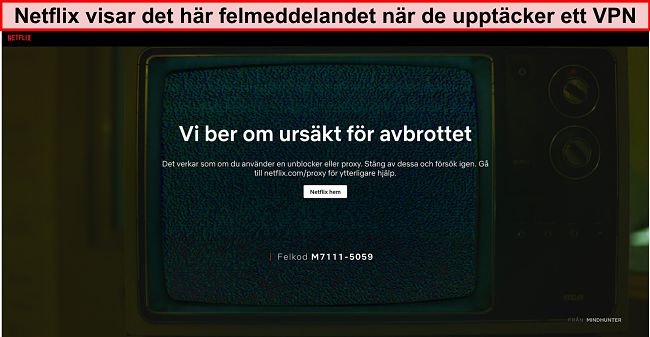 Skärmdump av Netflix-felmeddelande vid användning av VPN, proxy eller unblockerare - Felkod: M7111-5059