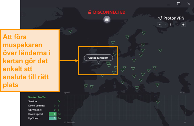 Skärmdump av Proton VPNs interaktiva serverkarta.