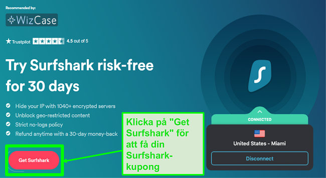 Skärmdump av Surfsharks hemliga affärssida som visar hur du gör anspråk på din Surfshark-kupong