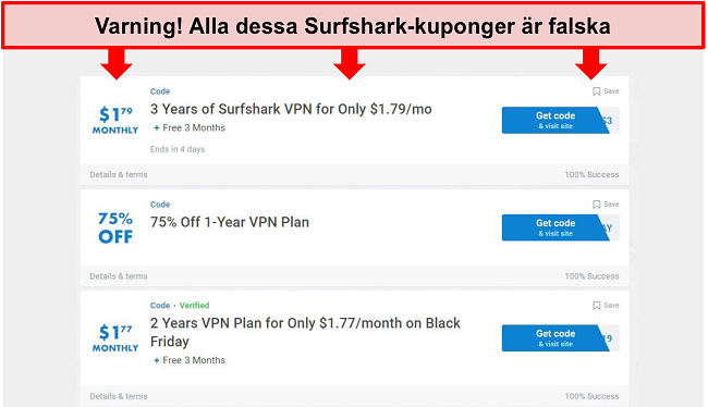 Skärmdump av falska Surfshark-kuponger