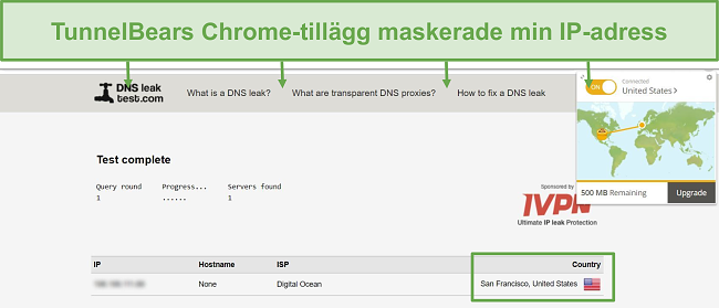 Skärmdump av DNS-läckagetestresultat när den är ansluten till TunnelBear.