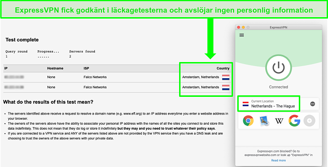 Skärmdump av ExpressVPN som passerar ett DNS-läckagetest när den är ansluten till svenska servrar