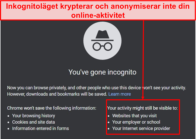 Skärmdump av meddelanden om inkognitoläge.