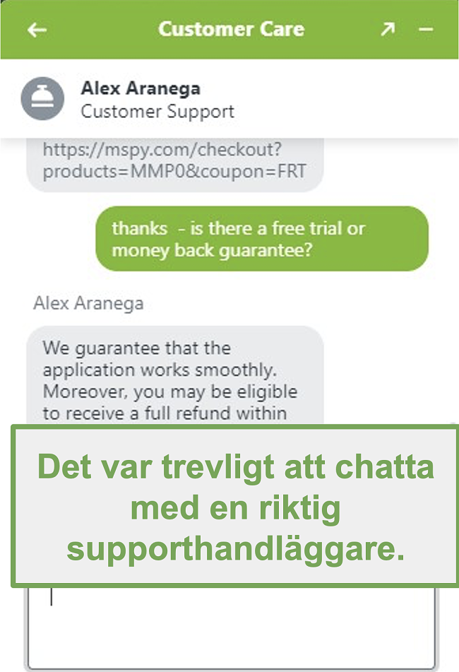 Skärmdump av chatten med en riktig kundsupportagent