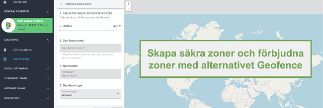 Skärmdump av säkra zoner och förbjudna zoner med alternativet Geofence