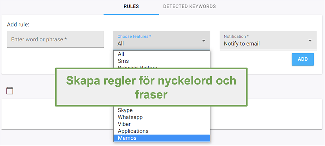 Skärmdump av regler för nyckelord och fraser