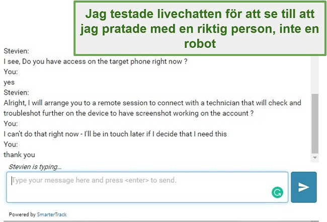 Skärmdump av Webwatchers kundsupport