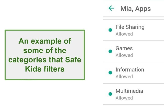 Safe Kids Filter categories