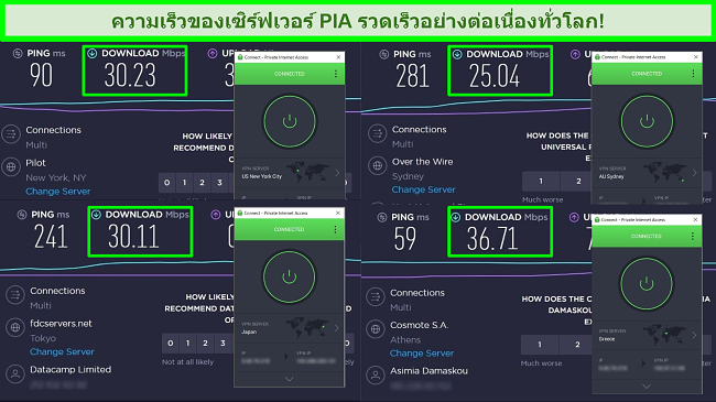 ภาพหน้าจอของการทดสอบความเร็ว Ookla ด้วย PIA ที่เชื่อมต่อกับเซิร์ฟเวอร์ทั่วโลกที่แตกต่างกัน