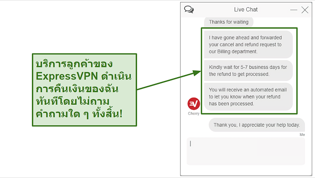 ภาพหน้าจอของคำขอคืนเงิน ExpressVPN ผ่านแชทสด