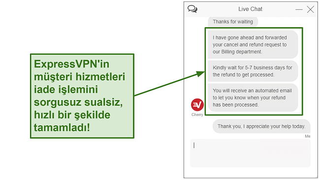 Screenshot of ExpressVPN refund request over live chat.