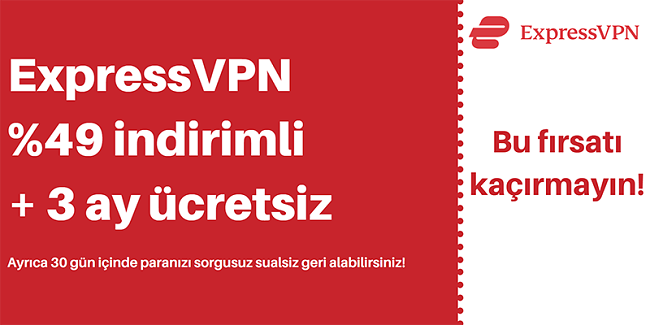 30 günlük para iade garantisi ile% 49 indirim ve 3 ay ücretsiz ExpressVPN kuponu