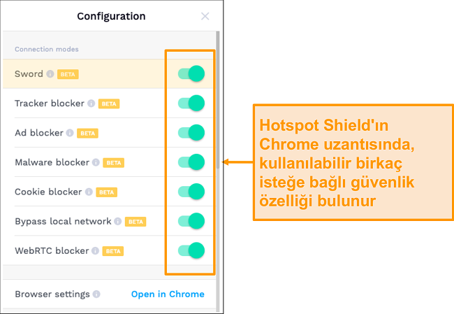 HotSpot Shield'ın Chrome uzantısı güvenlik özelliklerinin ekran görüntüsü.