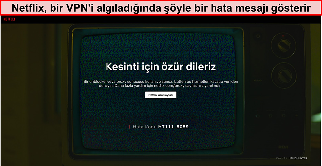 VPN, proxy veya engelleme kaldırıcı kullanırken Netflix hata mesajının ekran görüntüsü - Hata Kodu: M7111-5059