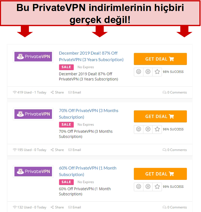 Yanlış fiyatlar gösteren PrivateVPN fırsatlarının ekran görüntüsü