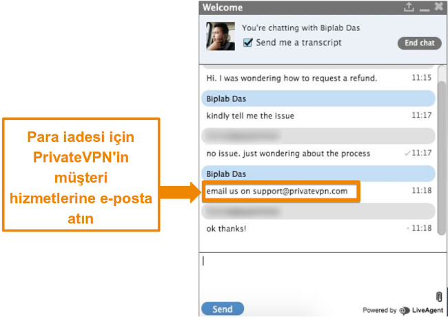E-posta yoluyla geri ödeme isteği göndermek için talimatlar sağlayan bir PrivateVPN canlı sohbet aracısının ekran görüntüsü