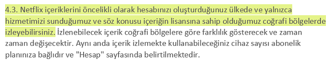 Netflix'in Kullanım Koşulları 4.3'ün ekran görüntüsü, kullanıcıların Netflix içeriğini öncelikle hesaplarını oluşturdukları ülkede görüntüleyebileceğini belirtir