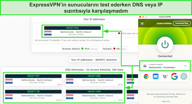ExpressVPN'in sızıntı testi sonuçlarının ekran görüntüsü