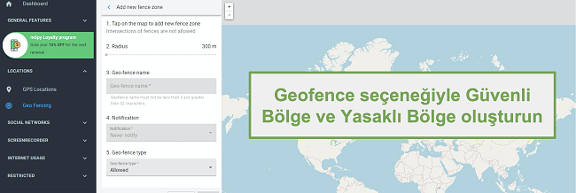 Geofence seçeneğiyle Güvenli Bölgelerin ve Yasak Bölgelerin Ekran Görüntüsü