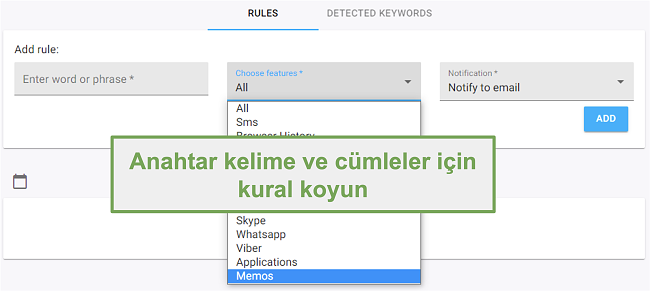 Anahtar kelimeler ve kelime öbekleri için kuralların ekran görüntüsü