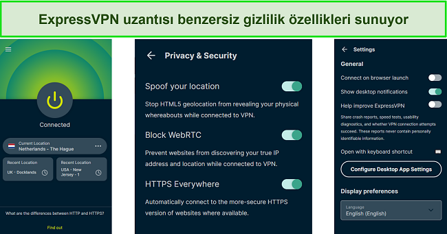ExpressVPN'in Chrome uzantısının ve güvenlik ayarlarının ekran görüntüsü.
