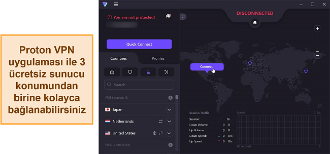 Proton VPN'in 3 ücretsiz sunucu seçeneğini gösteren sunucuya genel bakışının ekran görüntüsü.