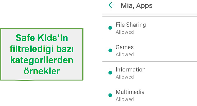Safe Kids filtre kategorileri