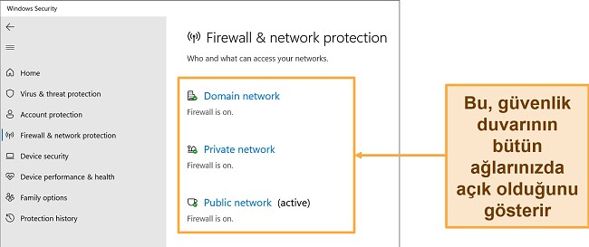 Güvenlik Duvarı ve ağ koruma durumunu gösteren Windows Güvenlik uygulamasının ekran görüntüsü