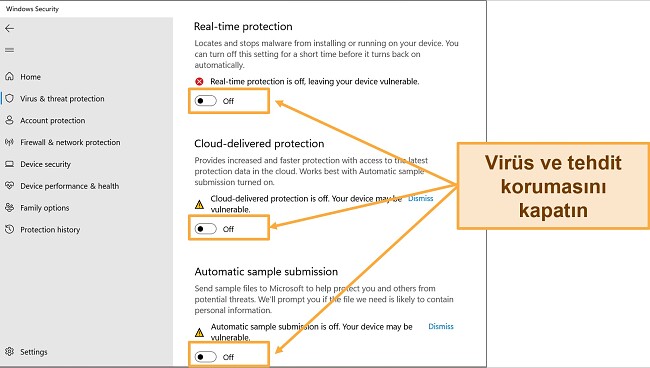 Virüs ve tehdit koruma durumunu gösteren Windows Güvenlik uygulamasının ekran görüntüsü