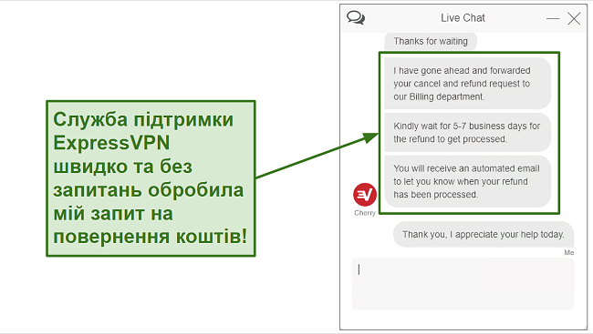 Screenshot of ExpressVPN refund request over live chat.