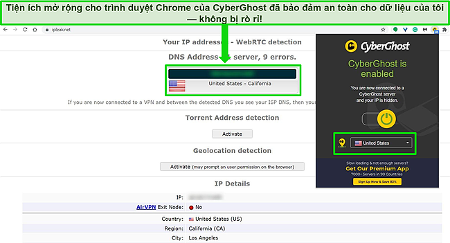 Ảnh chụp màn hình tiện ích mở rộng trình duyệt Chrome của CyberGhost được kết nối với máy chủ Hoa Kỳ với kết quả kiểm tra rò rỉ cho thấy không có rò rỉ dữ liệu.