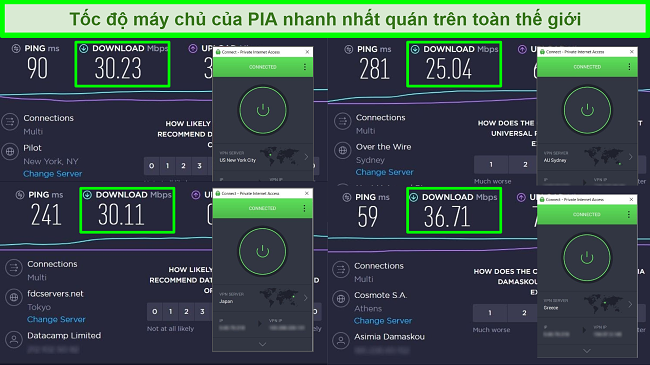 Ảnh chụp màn hình của các bài kiểm tra tốc độ Ookla với PIA được kết nối với các máy chủ toàn cầu khác nhau.