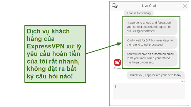 Screenshot of ExpressVPN refund request over live chat.